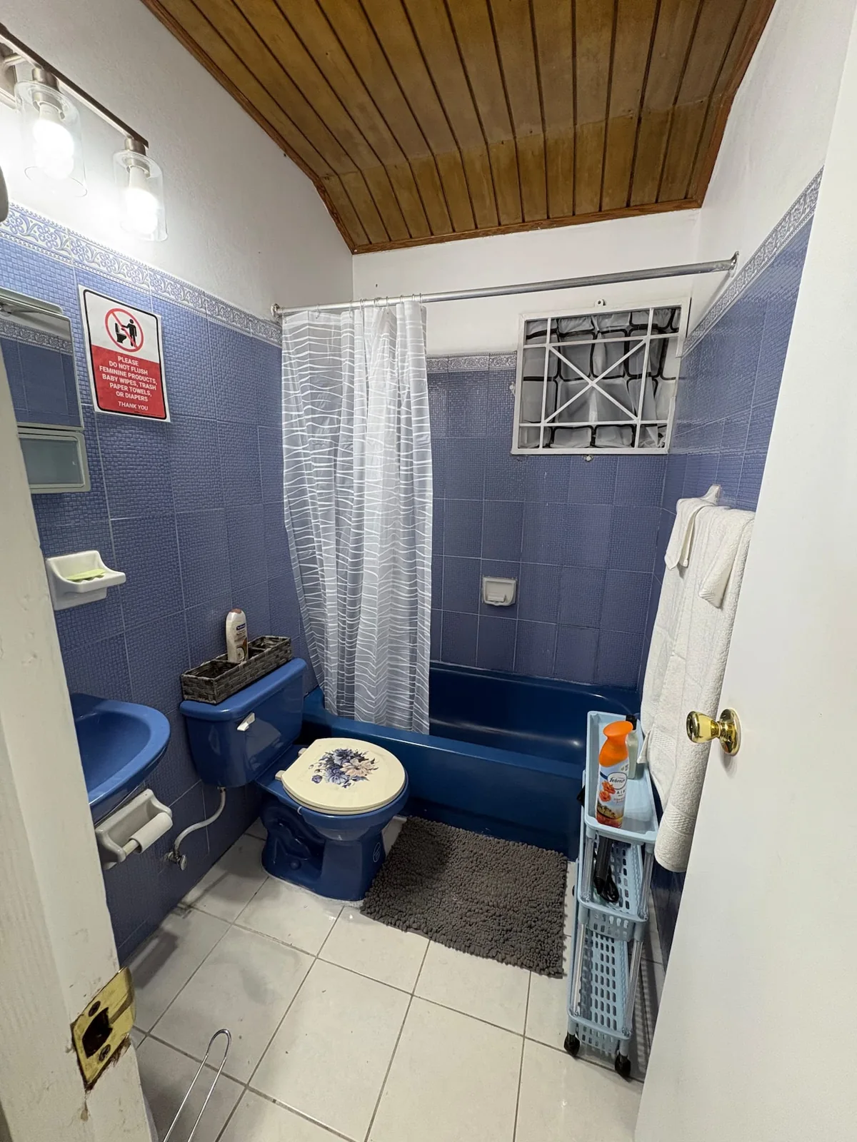 Blue tiled bathroom with a shower curtain in Canopy View Villa