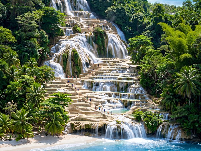Travellers climbing the terraced cascades of Dunn's River Falls down to the sea