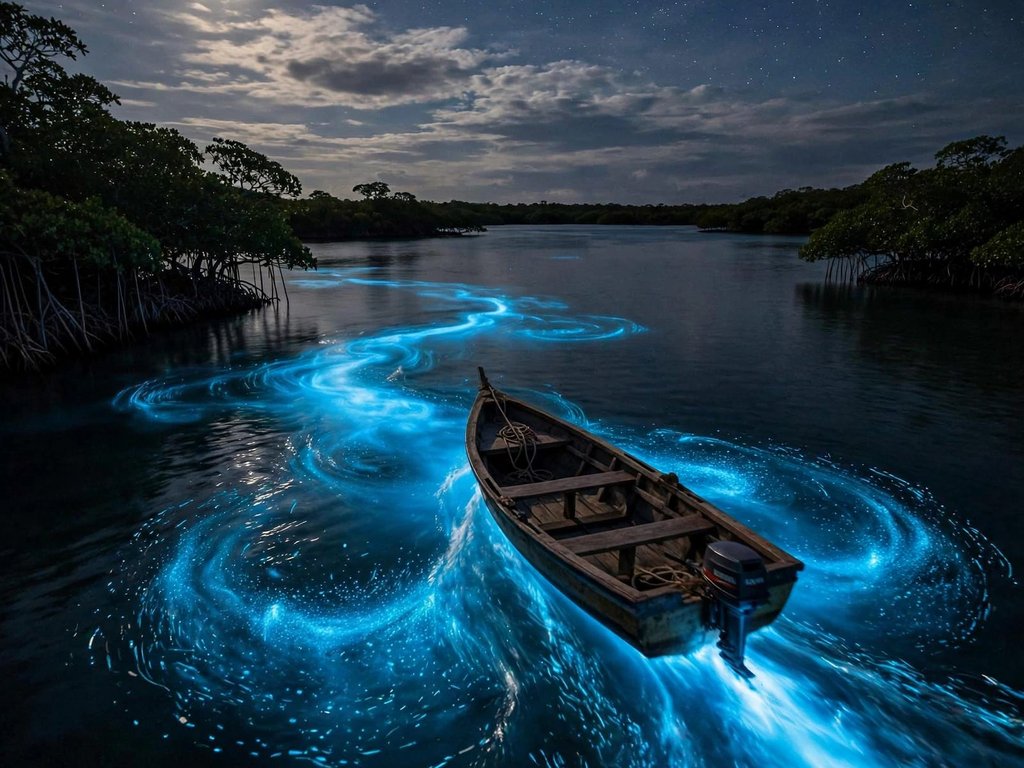 A boat wake glowing electric blue on the Luminous Lagoon after dark