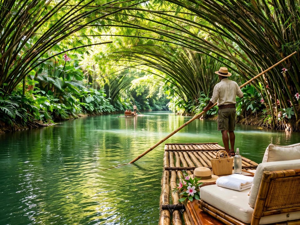 A bamboo raft drifting down the Martha Brae beneath a bamboo canopy