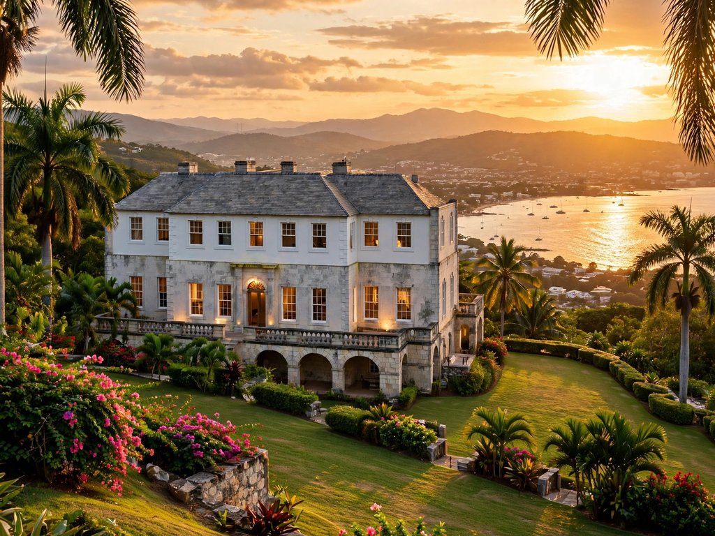 Rose Hall Great House glowing at golden hour above Montego Bay